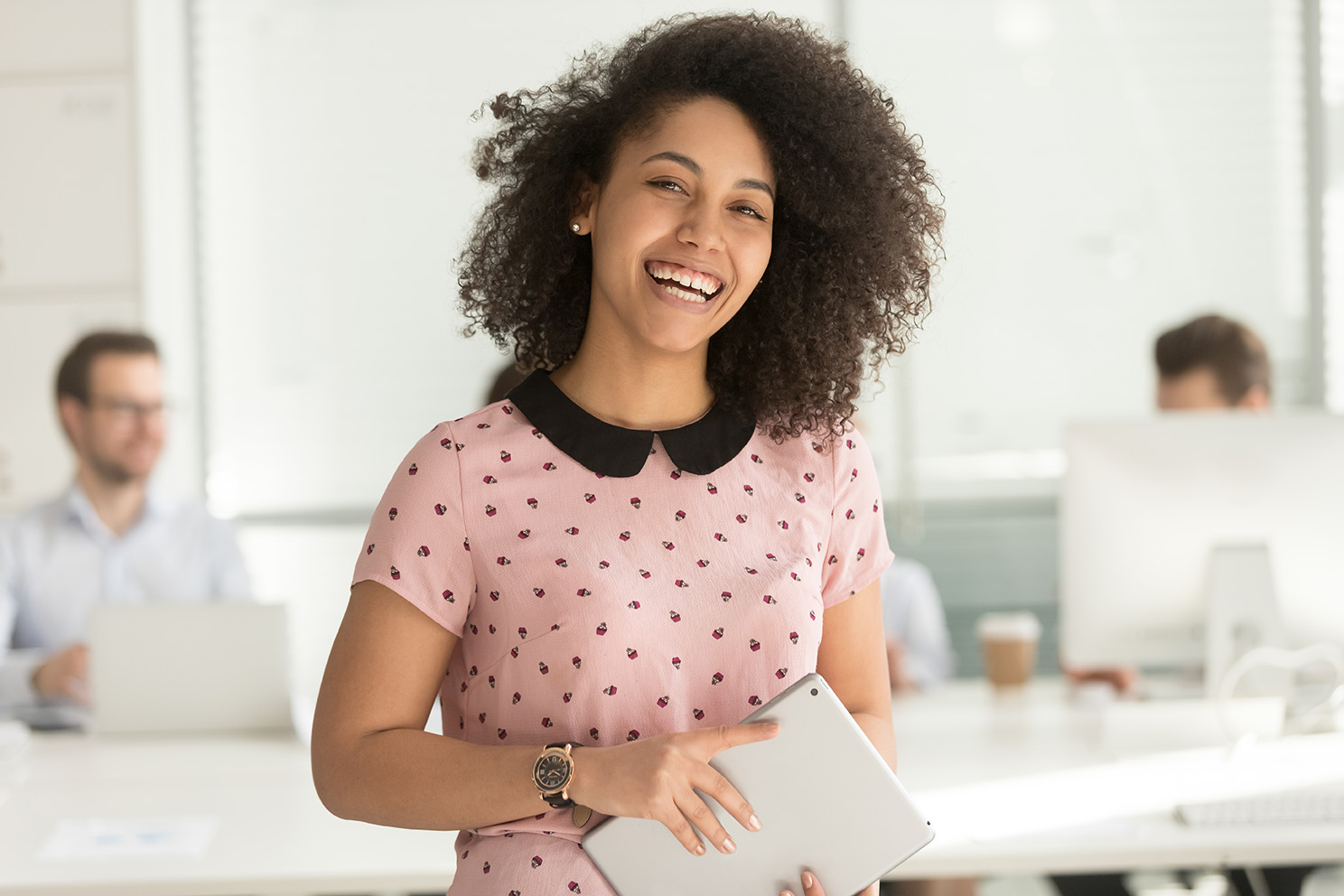 Happy,Confident,African,American,Business,Woman,Employee,Holding,Digital,Tablet